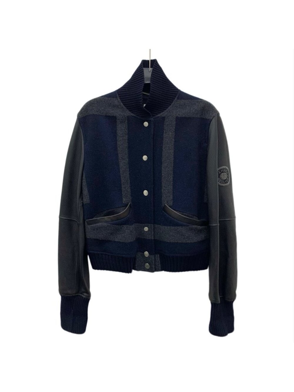 Hermès Navy Blue Cashmere Suede-Panel Stand-Collar Jacket